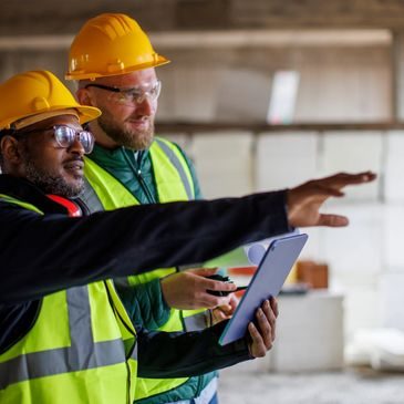 Engineers in hard hats reviewing plans on a construction site